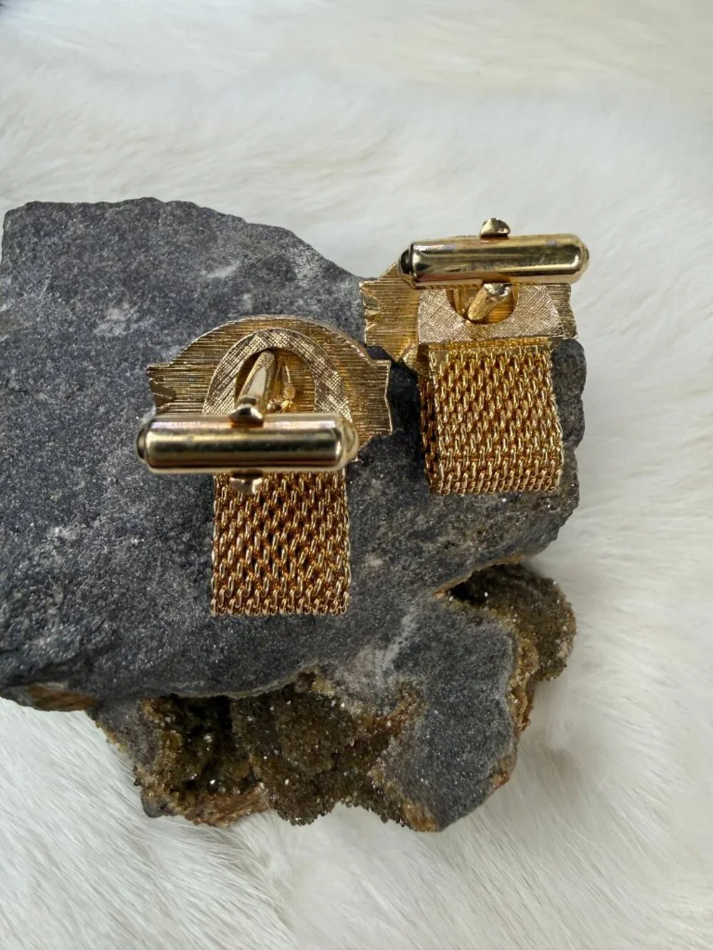 Vintage Unakite Stone Gold Tone Mesh Cuff Links Cufflinks MCM 1.25